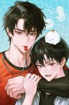  2boys biyoo_(omniscient_reader's_viewpoint) black_eyes black_hair black_shirt blue_background commentary_request grey_hoodie hair_between_eyes hand_on_another's_wrist hood hoodie hugging_with_one_arm jersey kim_dokja korean_commentary long_sleeves looking_at_viewer male_focus multiple_boys omniscient_reader's_viewpoint open_clothes open_hoodie open_mouth shirt shjpt short_hair whistle yoo_joonghyuk 