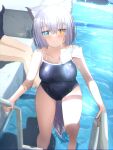  2girls animal_ear_fluff animal_ears aqua_eyes ashitaba_kemo bare_arms bare_legs barefoot blue_eyes blue_one-piece_swimsuit blush breasts caustics chromatic_aberration closed_mouth collarbone commentary_request competition_school_swimsuit covered_navel day emblem feet_out_of_frame from_above grey_hair hair_between_eyes heterochromia highres large_breasts legs_apart looking_at_viewer medium_breasts multiple_girls one-piece_swimsuit original outdoors pool pool_ladder poolside school_swimsuit shadow short_hair sitting smile solo_focus standing sunlight swimsuit tail thighs towel water wet wet_clothes wet_hair wet_swimsuit yellow_eyes 
