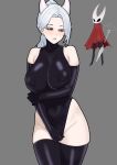  1girl absurdres bare_hips bare_shoulders black_leotard black_sclera black_thighhighs breasts bright_pupils colored_sclera elbow_gloves gloves golbang grey_background highleg highleg_leotard highres holding holding_sword holding_weapon hollow_eyes hollow_knight hollow_knight:_silksong horned_mask hornet_(hollow_knight) horns humanization large_breasts leotard mask mole mole_under_mouth needle_(hollow_knight) parted_bangs ponytail sleeveless sword thighhighs thighs thread turtleneck turtleneck_leotard uss_hornet_(cv-8) weapon white_hair white_mask white_pupils 