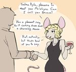  alcohol alternate_species anthro batman batman_(series) beverage blonde_hair breasts catwoman clothing dc_comics dialogue dress duo english_text eyelashes female glass hair handshake hi_res human male mammal open_mouth rat rodent siden speech_bubble text wine 