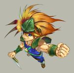  blue_eyes bracelet brown_hair duran grey_background helmet highres jewelry long_hair male_focus seiken_densetsu seiken_densetsu_3 simple_background solo sword umiu_geso weapon 