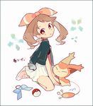  :o auko between_legs border bored bow bow_removed brown_eyes brown_hair earrings full_body gen_3_pokemon hair_ribbon hand_between_legs haruka_(pokemon) jacket jacket_on_shoulders jewelry long_hair open_mouth pleated_skirt poke_ball poke_ball_(generic) pokemon pokemon_(creature) pokemon_(game) ribbon shoes signature simple_background sitting skirt skitty sneakers solo symbol-shaped_pupils text_focus translated white_background 