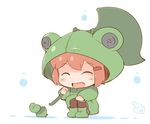  artist_name blush_stickers boots brown_hair chibi closed_eyes commentary_request fang frog frog_hood hair_ornament hairclip hanomido ikazuchi_(kantai_collection) kantai_collection leaf leaf_umbrella open_mouth raincoat rubber_boots short_hair simple_background solo squatting white_background 