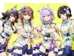  4girls :d absurdres ahoge amesui animal_ear_fluff animal_ears aqua_bow aqua_bowtie aqua_eyes back_bow black_hair blue_bow blue_shorts bone_hair_ornament border bow bowtie braid brown_eyes brown_hair cartoon_bone cat_ears cat_girl cat_tail commentary_request corset cowboy_shot dog_ears dog_girl dog_tail fangs frills gold_trim hair_bow hair_ornament hand_on_another's_hand hand_stack hat highres hololive hololive_idol_uniform_(bright) idol idol_clothes inugami_korone jacket lapels large_bow layered_skirt long_hair low_twin_braids medium_hair mini_hat mini_top_hat multicolored_hair multiple_girls nekomata_okayu official_alternate_costume ookami_mio oozora_subaru open_clothes open_jacket open_mouth outside_border outstretched_arm overskirt puffy_short_sleeves puffy_sleeves purple_eyes purple_hair red_hair sash shirt short_hair short_sleeves shorts skirt smile smok_(hololive) sparkle_print streaked_hair tail thigh_strap top_hat twin_braids underbust virtual_youtuber waist_bow white_border white_jacket white_shirt white_skirt white_wrist_cuffs wolf_ears wolf_girl wrist_cuffs yellow_background yellow_eyes 