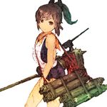  brown_eyes brown_hair commentary_request cowboy_shot deck_gun from_side gradient_filter gurin33 i-401_(kantai_collection) kantai_collection legs long_hair looking_at_viewer ponytail rigging school_swimsuit simple_background sketch smile solo swimsuit tan torpedo_tubes white_background 
