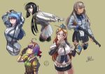  5girls :< absurdres ahoge arms_behind_back arms_up badge black_gloves black_hair black_skirt black_thighhighs blonde_hair blue_hair blue_necktie breasts brown_eyes brown_hair brown_shirt cardigan clipboard clothing_cutout collage collared_shirt colored_inner_hair commentary cowboy_shot dark-skinned_female dark_skin dress_shirt english_commentary feathers from_below garter_straps gloves gradient_hair green_hair green_neckerchief grey_background grey_cardigan grey_eyes grey_sailor_collar grey_shirt grey_thighhighs grey_vest grin gun hair_between_eyes hair_over_shoulder hair_ribbon half_updo hanazuki_(kancolle) hat headgear highres hip_vent independence_(kancolle) indiana_(kancolle) kantai_collection kiri_(kancolle) large_breasts layered_shirt leaning_forward leotard leotard_under_clothes looking_at_viewer medal multicolored_hair multiple_girls neckerchief necktie one_eye_closed pencil_skirt pleated_skirt pointy_hair pump_action purple_eyes purple_hair red_hair reno_(kancolle) ribbon rifle ron_(pixiv83091338) sailor_collar sailor_shirt salute school_uniform serafuku sharp_teeth shirt shotgun simple_background single_glove single_thighhigh skirt smile smokestack_hair_ornament standing streaked_hair teeth thighhighs two-tone_shirt upper_body vest weapon white_sailor_collar white_shirt white_skirt winchester_model_1897 
