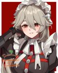  1girl absurdres alexandrina_sebastiane black_gloves blush border bow breasts commentary commission commissioner_name diamond-shaped_pupils diamond_(shape) english_commentary eyelashes gloves grey_hair hair_between_eyes highres long_hair orenjinoodle red_background red_eyes simple_background smile solo symbol-shaped_pupils white_border white_bow zenless_zone_zero 