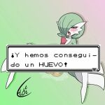  1girl blush bob_cut colored_skin dress egg egg_laying el.eliott.jpg gardevoir gradient_background green_hair green_skin hair_over_one_eye heavy_breathing highres multicolored_skin open_mouth paid_reward_available pokemon pokemon_(creature) pokemon_egg pussy_juice red_eyes signature sitting spanish_text spread_legs translation_request two-tone_skin video_game_dialogue_box white_dress white_skin 