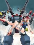  1girl aiguillette anchor_collar aoshima_bunka_kyouzai armlet blue_eyes blue_one-piece_swimsuit bracelet breasts cloud cloudy_sky collar covered_navel crossed_arms epaulettes flying gattai gattai_kyokan_yamato geta hand_up hat high_heel_sandals high_heels holding holding_smoking_pipe jewelry jinguuji_nagisa lightning mecha medium_breasts medium_hair musashi_(gattai_kyokan_yamato) official_art one-piece_swimsuit outdoors parted_lips peaked_cap radar_dish red_hair red_sandals robot sadamatsu_ryuuichi sandals second-party_source shoulder_cannon sky smile smoking_pipe standing super_robot swimsuit thigh_strap waves white_hat yellow_eyes 