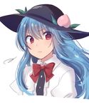  &gt;:( =3 asa_(coco) black_hat blue_hair blush bow bowtie closed_mouth commentary_request dress_shirt food frown fruit hair_between_eyes hat hinanawi_tenshi leaf long_hair looking_at_viewer peach red_bow red_eyes red_neckwear shirt solo touhou upper_body v-shaped_eyebrows white_shirt 