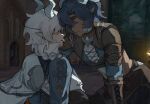  2boys against_wall angert_(infinity_nikki) armor belt belt_buckle black_belt blue_hair blue_horns blue_scales blue_shirt blue_tunic bolu_agnes boots braid brown_belt brown_boots brown_corset brown_headband brown_shrug buckle cape chinese_commentary closed_mouth collared_shirt commentary_request corset cowboy_shot cropped_shirt cross-laced_clothes cross-laced_top crossed_belts dark-skinned_male dark_skin doorway dragon_boy dragon_horns faceless faceless_male game_screenshot_inset hair_between_eyes hair_over_shoulder happy headband high_collar highres horns infinity_nikki kabedon knee_up long_hair long_sleeves male_focus meghill_(infinity_nikki) midriff multiple_boys nikki_(series) parksolian_(infinity_nikki) parted_lips pauldrons screenshot_inset shirt short_hair short_hair_with_long_locks shoulder_armor shrug_(clothing) side_braid single_braid sitting smile thigh_boots tunic vest white_cape white_hair white_shirt white_vest yaoi 