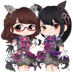  09sdab 2girls animal_ears armband bandaid bandaid_on_face bandaid_on_nose biwa_hayahide_(umamusume) biwa_hayahide_(umamusume)_(cosplay) black_gloves bow brown_eyes clenched_hand commentary_request corset cosplay cropped_legs dress eyelashes fake_animal_ears frilled_armband frills glasses gloves grey_armband grey_corset grey_dress hair_ornament highres horse_ears kinugawa_rika kondou_yui multiple_girls narita_brian_(umamusume) narita_brian_(umamusume)_(cosplay) offering_hand pink_bow purple_bow real_life red-framed_eyewear rope shimenawa sideways_glance signature smile umamusume voice_actor white_gloves yellow_eyes 