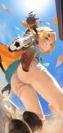  1girl absurdres ahoge aiming aiming_at_viewer aqua_eyes aqua_shirt ass bandana black_gloves black_jacket blonde_hair blue_sky boots brown_boots cloud commentary cowboy_boots doki_amber_doge_(dokibird) dokibird dokibird_(bounty_hunter) dragoon_(dokibird) english_commentary foot_out_of_frame from_below glint gloves gray_orbit grin gun hair_ornament handgun highres holding holding_gun holding_weapon holster indie_virtual_youtuber jacket looking_at_viewer looking_down multicolored_jacket open_clothes open_jacket outstretched_arm pants pinstripe_pattern pinstripe_shirt revolver sand shirt short_hair sky smile solo spurs standing sun two-sided_fabric two-sided_jacket two-tone_jacket virtual_youtuber weapon white_pants x_hair_ornament yellow_bandana yellow_jacket 