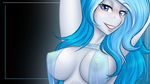  2017 alpha_channel anthro areola askbubblelee blue_hair breasts bubble_lee_(character) cat-named-fish cleavage clothed clothing dress equine female freckles hair horn kangaroo_dress lipstick makeup mammal my_little_pony nipples portrait pose simple_background solo translucent transparent_background transparent_clothing unicorn wallpaper 