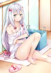  :t adrenaline!!! aqua_eyes bangs barefoot basket blue_panties blush bow closed_mouth clothes_writing collarbone commentary_request copyright_name eromanga_sensei eyebrows_visible_through_hair hair_bow highres izumi_sagiri knee_up long_hair looking_at_viewer low-tied_long_hair off_shoulder panties pink_bow polka_dot polka_dot_panties pout short_sleeves silver_hair sitting slippers_removed solo thighs underwear v-shaped_eyebrows yoshida_iyo 