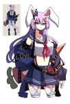  1girl absurdres alternate_costume animal_ears arm_at_side belt belt_buckle black_belt black_bow blue_jacket blue_skirt boots bow buckle carrot carrot_hair_ornament closed_mouth commentary crescent crop_top derivative_work english_commentary food-themed_hair_ornament hair_between_eyes hair_bow hair_ornament hairclip half-closed_eyes hand_on_own_hip highres jacket long_hair looking_at_viewer midriff neckerchief nikorashi-ka off_shoulder open_clothes open_jacket plaid_clothes plaid_skirt polka_dot polka_dot_bow purple_hair rabbit_ears red_eyes red_neckerchief reference_inset reisen_udongein_inaba sailor_collar school_uniform simple_background skirt smug_suriipi solo standing tank_top thighhighs touhou very_long_hair weapon weapon_on_back white_tank_top white_thighhighs x_hair_ornament 