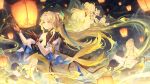  2girls absurdres age_comparison bantish black_gloves blonde_hair breasts chinese_clothes chinese_commentary closed_mouth commentary_request dress feather_hair gloves highres lantern large_breasts long_hair looking_at_object multiple_girls night paper_lantern parted_bangs ponytail qipao siblings sisters smile solo_focus suisui_(wuthering_waves) tacet_mark_(wuthering_waves) white_dress wuthering_waves yangyang_(wuthering_waves) yellow_eyes 