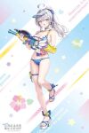  1girl ahoge alisa_mikhailovna_kujou bare_shoulders bikini blue_bikini blue_bow blue_eyes blue_ribbon blush bow bracelet breasts cleavage commentary_request frilled_wrist_cuffs frills full_body grey_hair hair_between_eyes hair_ribbon high_ponytail holding holding_water_gun jewelry large_breasts legs long_hair looking_at_viewer momoko_(momopoco) navel official_art open_mouth pink_wrist_cuffs ponytail ribbon sandals second-party_source single_wrist_cuff solo standing standing_on_one_leg stomach swimsuit thigh_strap thighs tokidoki_bosotto_roshia-go_de_dereru_tonari_no_alya-san visor_cap water_gun white_sandals wrist_cuffs 