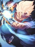  1boy blonde_hair blue_dougi boots commentary dougi dragon_ball dragon_ball_z earrings electricity energy energy_ball english_commentary final_kamehameha from_side gloves grin highres jewelry male_focus mirai_art15 muscular muscular_male potara_earrings powering_up saiyan smile smirk solo spiked_hair super_saiyan super_saiyan_1 teeth twitter_username vegetto watermark white_boots white_gloves 