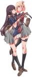  2girls backpack bag bandaged_leg bandages black_hair black_socks blonde_hair blue_dress blue_ribbon brown_shoes commentary_request dress green_ribbon gun hair_ribbon handgun highres holding holding_gun holding_weapon inoue_takina kneehighs leg_between_thighs loafers long_hair lycoris_recoil m1911 multiple_girls neck_ribbon nishikigi_chisato one_side_up purple_eyes red_dress red_eyes red_ribbon ribbon shoes short_hair simple_background smith_&amp;_wesson_m&amp;p socks thigh_strap weapon white_background yazawa_mana yuri 