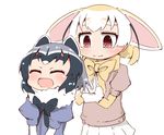  :d ^_^ animal_ears black_hair blonde_hair blue_shirt blush brown_eyes closed_eyes closed_mouth commentary_request common_raccoon_(kemono_friends) eyebrows_visible_through_hair fennec_(kemono_friends) fox_ears fur_collar gloves grey_hair happy kemono_friends looking_at_another multicolored_hair multiple_girls open_mouth pink_sweater puffy_sleeves raccoon_ears shirt simple_background skirt smile sweater thick_eyebrows toshi_mellow-pretty white_background white_gloves white_hair white_skirt 