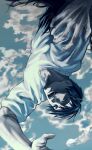  1boy aekm_qy black_hair black_sclera cloud cloudy_sky colored_sclera commentary_request fushiguro_toji grey_sweater highres jujutsu_kaisen male_focus short_hair sky solo sweater teeth twitter_username upper_body upside-down veins veiny_arms veiny_hands 