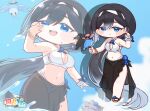  1girl absurdly_long_hair alternate_costume bikini bird bird_on_hand black_hair black_hairband black_sarong blanchet_(trickcal) blue_eyes blue_flower blue_rose bluebird blush_stickers bracelet breasts chibi cleavage closed_mouth commentary_request criss-cross_halter different_zoom_layer earrings fewer_digits flower frilled_wristband hairband halterneck highleg highleg_bikini jewelry long_hair low_ponytail multicolored_hairband navel neck_flower open_mouth ponytail rose saemon_(tonpura) sandals sarong smile stomach swimsuit trickcal two-tone_hairband very_long_hair water wet white_bikini white_hairband zoom_layer 