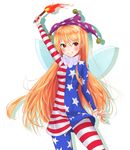  american_flag_dress american_flag_legwear bad_id bad_pixiv_id blonde_hair blush breasts clownpiece commentary_request contrapposto dress fairy fairy_wings fur-trimmed_sleeves fur_trim grin hat highres honi jester_cap long_hair long_sleeves neck_ruff pantyhose red_eyes short_dress small_breasts smile solo standing torch touhou touhou_sangetsusei very_long_hair wings 