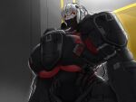  1girl adam_smasher albino armor artist_request black_armor black_sclera breasts cable colored_sclera colored_skin commentary cowboy_shot cyberpunk cyberpunk:_edgerunners cyberpunk:_edgerunners_1 cyberpunk_(series) cyborg english_commentary genderswap genderswap_(mtf) glowing glowing_eyes highres huge_breasts indoors joints mechanical_arms mechanical_eyes mechanical_legs no_mouth oversized_forearms oversized_limbs red_eyes robot_girl robot_joints science_fiction short_hair skin_seams solo standing tall_female tube white_hair white_skin 