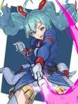  1girl aqua_hair blush commentary earth_federation energy_sword gundam hatsune_miku highres holding holding_beam_saber holding_microphone holding_sword holding_weapon idol long_hair long_sleeves looking_at_viewer microphone microphone_stand military military_uniform necktie oakaki000 open_mouth singing skirt smile solo sword twintails very_long_hair vocaloid weapon 