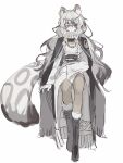  1girl absurdres animal_ear_fluff animal_ears arknights bead_necklace beads black_boots black_cape boots braid braided_sidelocks cape dress en736499 full_body fur-trimmed_jacket fur_trim grey_eyes grey_hair grey_streaks grey_thighhighs hair_between_eyes highres invisible_chair jacket jewelry kjerag_logo long_hair long_sleeves looking_at_viewer multicolored_hair necklace pramanix_(arknights) sidelocks simple_background sitting sketch snow_leopard_ears snow_leopard_girl snow_leopard_tail solo streaked_hair tail thighhighs tiara very_long_hair wavy_hair white_background white_dress 