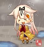  &gt;_&lt; :3 artist_name black_ribbon black_skirt blonde_hair chibi closed_eyes commentary_request gradient_hair hair_flaps hair_ornament hair_ribbon hairclip kantai_collection long_hair long_sleeves multicolored_hair neckerchief open_mouth pleated_skirt puddle rain raincoat red_neckwear remodel_(kantai_collection) ribbon skirt smile solo taisa_(kari) wet wet_hair yellow_coat yuudachi_(kantai_collection) 