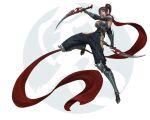  1girl absurdres armor bare_shoulders breasts brown_hair cheolseung_ok cleavage clothing_cutout dual_wielding full_body headband high_ponytail highres hip_vent holding large_breasts looking_at_viewer ninja original ponytail red_scarf reverse_grip scarf simple_background solo white_background 
