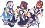  3girls :3 :d :p ^_^ ange_katrina animal_ears beret blue_eyes blue_gloves blue_hair blue_hat blue_ribbon blue_shorts blue_skirt blue_socks blue_thighhighs blush_stickers boots brown_hair brown_ribbon closed_eyes colored_inner_hair commentary_request contrast_lapels crown_hat_ornament dog_ears dog_girl fang frilled_skirt frills gloves grey_hair hair_intakes hand_up hands_up hat high_heel_boots high_heels highres idol_clothes index_finger_raised inui_toko jacket lapels lize_helesta long_hair long_sidelocks looking_at_viewer low_twintails miniskirt multicolored_hair multiple_girls neck_ribbon nijisanji one_eye_closed people_hitobito purple_eyes red_hair red_ribbon ribbon sanbaka_(nijisanji) sanbaka_anniversary_outfit short_sleeves shorts sidelocks simple_background single_hair_intake single_wrist_cuff skirt smile socks streaked_hair thigh_strap thighhighs tongue tongue_out twintails two-tone_hair v-shaped_eyebrows very_long_hair virtual_youtuber white_background white_boots white_jacket white_wrist_cuffs wrist_cuffs wrist_ribbon zettai_ryouiki 