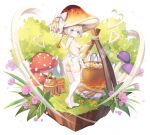  1girl apron ass blue_eyes bow breasts cooking_pot flower forest from_side grass heart highres holding holding_ladle holding_plate ladle medium_breasts monster_musume_td mushroom mushroom_girl mushroom_hat naked_apron nature official_alternate_costume official_art outdoors plate shijime_(monmusu_td) sideboob solo thighhighs tree_stump white_apron white_bow white_hair white_thighhighs 
