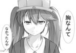  &gt;:) artist_name commentary_request greyscale hair_between_eyes kantai_collection kotaka looking_at_viewer monochrome ryuujou_(kantai_collection) smile solo translated twintails v-shaped_eyebrows visor_cap 