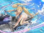  absurdres azur_lane blonde_hair blue_sky breasts cleavage cloud commentary_request day fingerless_gloves gloves green_eyes highres hooded_shirt hornet_(azur_lane) hornet_ii_(azur_lane) hornet_ii_(racing_across_the_waves)_(azur_lane) jet_ski large_breasts long_hair looking_at_viewer official_alternate_costume on_jet_ski see-through_clothes see-through_shirt shirt sky very_long_hair watercraft wesaki_leona wet wet_clothes wet_shirt 