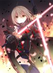  ahoge armor artoria_pendragon_(all) black_gloves blonde_hair blurry blurry_background braid cape dual_wielding energy_sword excalibur expressionless fate_(series) french_braid gloves highres holding holding_weapon iroha_(shiki) long_sleeves md5_mismatch mysterious_heroine_x_(alter) solo sword thighhighs weapon yellow_eyes 
