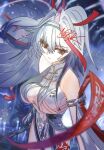  1girl animal_ears bare_shoulders black_hair breasts chinese_clothes closed_mouth commentary_request cowboy_shot dress droopy_ears ethereal_(zenless_zone_zero) hairband holding holding_weapon horns large_breasts leg_tattoo long_hair looking_at_viewer multicolored_hair neru_913 qipao red_eyes red_hair see-through_horns tattoo very_long_hair weapon white_dress white_hair white_hairband ye_shunguang ye_shunguang_(enlightened_state) zenless_zone_zero 