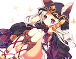  animal_ears blush cloak ears_through_headwear erune granblue_fantasy hood hooded_cloak looking_at_viewer p19 red_eyes scathacha_(granblue_fantasy) silver_hair solo 