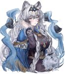  1girl absurdres animal_ear_fluff animal_ears arknights bell black_dress blue_cape blue_shawl braid bright_pupils cape commentary cropped_torso crossed_bangs dress gold grey_eyes hagoromo hair_between_eyes hand_in_own_hair highres jewelry long_hair long_sleeves looking_at_viewer parted_lips pramanix_(arknights) pramanix_the_prerita_(arknights) sakutein_oekaki shawl side_braids simple_background snow_leopard_ears snow_leopard_girl solo tail twin_braids white_background white_hair white_pupils 