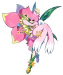  2girls :d absurdres artist_name black_eyes blue_eyes blush boots carrying carrying_person closed_mouth colored_skin commentary digimon digimon_(creature) dress fairy_wings flower flower_on_head flower_skirt full_body green_boots green_eyes green_hair green_leotard green_wings highres leotard lilamon lilimon looking_at_another looking_at_viewer medium_hair multicolored_eyes multiple_girls open_mouth pink_dress pink_nails pink_skin pink_skirt princess_carry simple_background skirt smile two-tone_eyes web_address white_background wings youzaiyouzai112 