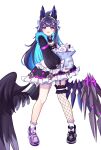  1girl absurdres ahoge aloupeep_(enna_alouette) aqua_hair bag bird_tail black_dress blush colored_inner_hair commentary dolores26758882 dress english_commentary enna_alouette enna_alouette_(maid) full_body garter_straps head_wings highres holding holding_bag in_bag in_container long_hair low_wings maid_headdress multicolored_hair nijisanji nijisanji_en open_mouth purple_eyes purple_hair purple_nails simple_background single_fishnet_legwear single_garter_strap tail two-tone_hair very_long_hair virtual_youtuber white_background wings 