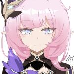  1girl absurdres black_corset blue_eyes chinese_commentary commentary_request corset elf elysia_(honkai_impact) elysia_(miss_pink_elf)_(honkai_impact) hair_ornament highres honkai_(series) honkai_impact_3rd long_hair long_pointy_ears looking_at_viewer ningqing94468 pink_hair pink_pupils pointy_ears portrait simple_background solo white_background 