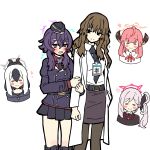  age_difference aru_(blue_archive) belt black_belt black_eyes black_necktie blue_archive blush brown_hair closed_mouth collared_shirt commentary_request crossover feet_out_of_frame grey_halo hair_ornament hairclip halo haruka_(blue_archive) highres holding_another's_arm jellyfish_cut kayoko_(blue_archive) kiyama_harumi lab_coat lanyard long_hair long_sleeves mature_female mugicha_(mugichaikkinomi) mutsuki_(blue_archive) necktie orange_halo pantyhose pencil_skirt pink_hair pink_halo pleated_skirt problem_solver_68_(blue_archive) puffy_long_sleeves puffy_sleeves purple_eyes purple_hair purple_halo red_shirt shirt shy skirt standing toaru_kagaku_no_railgun toaru_majutsu_no_index white_hair 