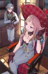  1boy 1girl atelier_(series) atelier_resleriana black_gloves blue_eyes blue_jacket blue_pants book bookshelf breasts brown_gloves cleavage commentary_request crossed_legs curtains empel_vollmer fur-trimmed_gloves fur_trim gin_(oyoyo) gloves grey_hair hat heterochromia highres jacket lara_trockel long_hair long_sleeves medium_breasts monocle official_art pants pink_eyes puffy_short_sleeves puffy_sleeves purple_eyes red_hat short_sleeves sitting standing suit white_suit wide_brim window 