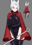  1girl absurdres black_leotard black_sclera black_thighhighs breasts bright_pupils cloak colored_sclera golbang grey_background highres holding holding_sword holding_weapon hollow_eyes hollow_knight hollow_knight:_silksong horned_mask hornet_(hollow_knight) humanization large_breasts leotard mask mole mole_under_mouth needle_(hollow_knight) parted_bangs ponytail red_cloak sword thighhighs thighs thread turtleneck turtleneck_leotard uss_hornet_(cv-8) weapon white_hair white_mask white_pupils 