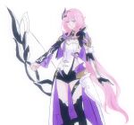  1girl black_boots black_gloves black_shorts black_shrug blue_eyes boots bow_(weapon) breasts chinese_commentary commentary_request corset elf elysia_(honkai_impact) elysia_(miss_pink_elf)_(honkai_impact) gloves highres holding holding_bow_(weapon) holding_weapon honkai_(series) honkai_impact_3rd long_hair looking_at_viewer medium_breasts michiiiiii pink_hair pointy_ears short_shorts shorts shrug_(clothing) simple_background single_glove smile solo thighs very_long_hair weapon white_background white_corset 
