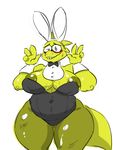  2017 4_fingers alphys anthro areola big_breasts blush breasts bunny_costume cleavage clothed clothing costume fake_ears fake_rabbit_ears female fishnet legwear leotard looking_at_viewer nipples overweight overweight_female pose reptile scalie shy simple_background smile solo sweat thick_thighs undertale v_sign video_games wide_hips 