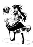  bandaid bandaid_on_face black_legwear fkey food fruit full_body greyscale hat highres hinanawi_tenshi keystone kneehighs long_hair looking_at_viewer monochrome peach puffy_short_sleeves puffy_sleeves rope shimenawa shirt shoes short_sleeves simple_background skirt solo standing sword_of_hisou touhou white_background 